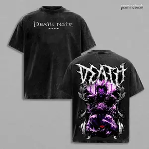 Shinigami Ryuk & Light Yagami Death Note Vintage Washed T-Shirt, Dark Purple Aesthetic Oversized Anime Streetwear Tee, Heavy Cotton Graphic Top H9Q JI9