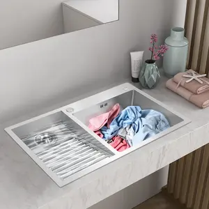 Stainless Steel Laundry Sink Double Basin 304 Utility Tub with Washboard 87In Deep Topmount Undermount For Kitchen Laundry Room Modern Home