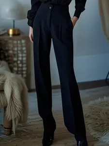 1 Piece | Black High-Waisted Draped Wide-Leg Trousers | French Retro Commuter Style | 3D Pleats + Slimming & Heightening + Draped & Wrinkle-Resistant + Functional Pockets | Essential for Professional Women / Daily Outings / Office Wear