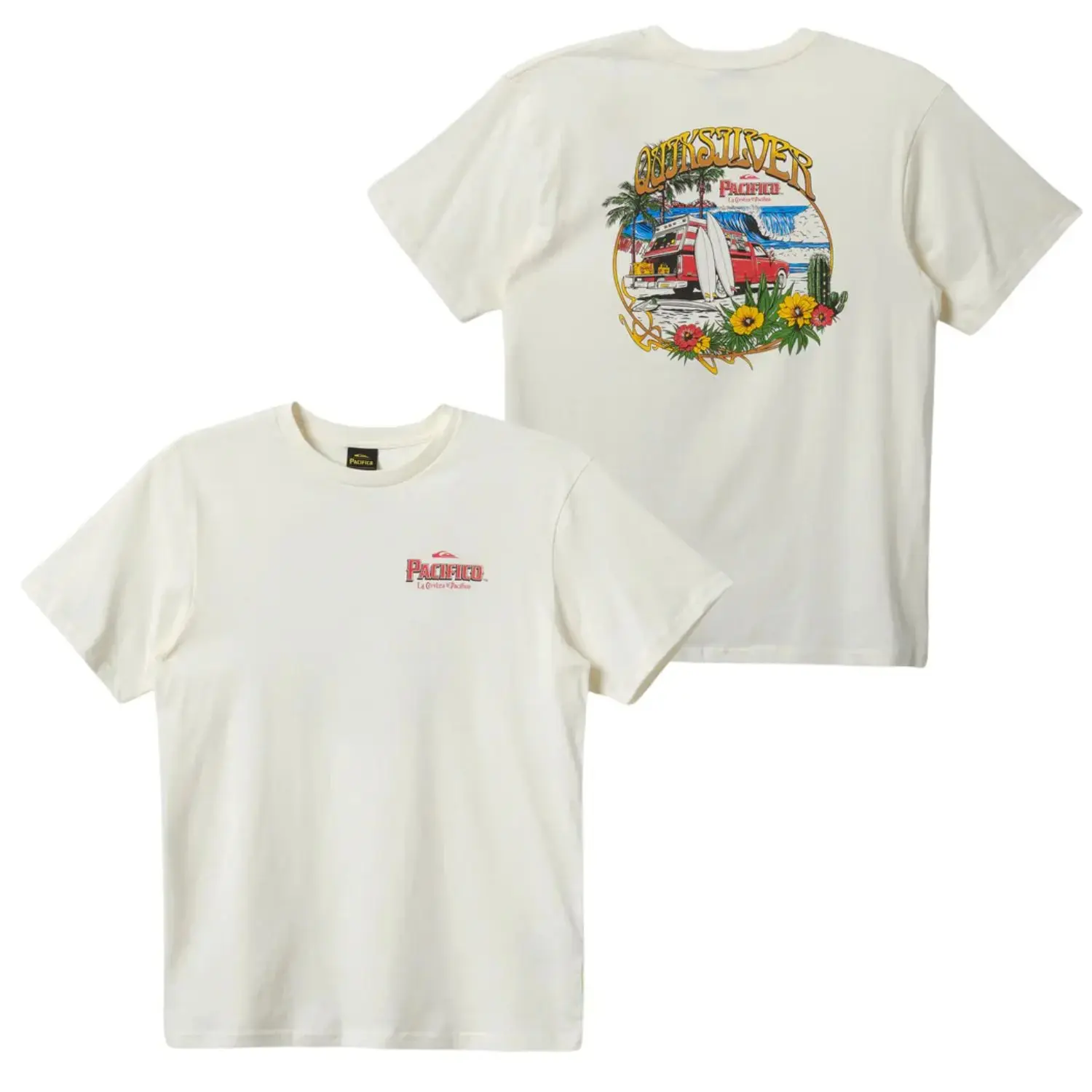 Quiksilver Pacifico T-Shirt, Featuring Vintage Surf Van and Tropical Beach Scene on Back, Soft Cotton Fabric, Unisex Fit for Men and Women, Perfect for Summer Vibes