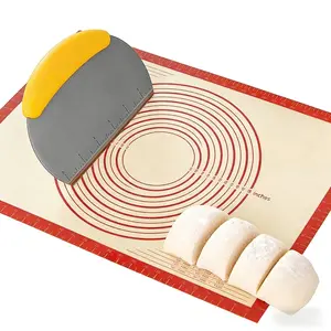 Non-slip Silicone Baking Pastry Dough Mat With Stainless Steel Bench Scraper Dough Cutter - 28x20Inch Extra Large Cookie Bread Rolling Mats Sheet, Nonstick Kitchen Counter Kneading Board, Thick Reusable Pie Cookies Pizza Making Matt with Measurement