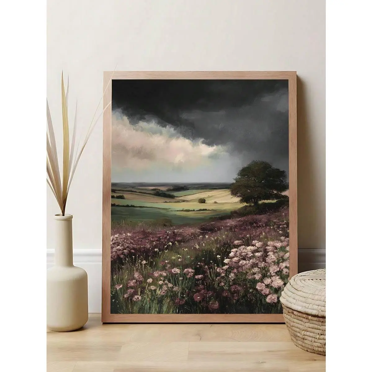 1pc Dark Floral Field Wall Art, Dark Academia Decor, Vintage Countryside Landscape Oil Painting, Dark Botanical Wall Art, Holiday Gift, Bedroom Decor, Living Room Decor, Office Decor, Kitchen Decor, Wall Art, Wall Decor, Home Decor