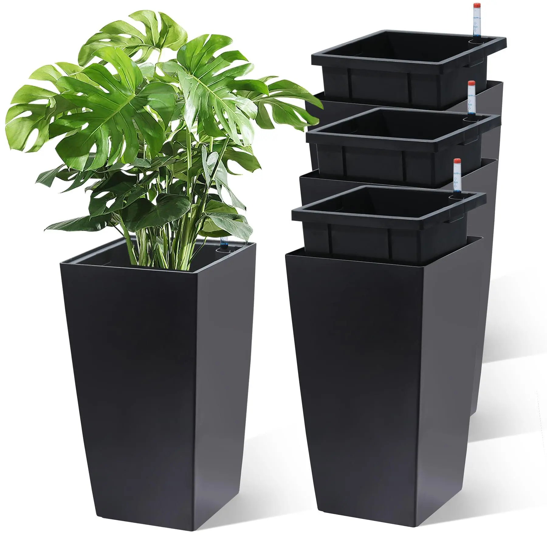 16" Tall Planters Set of 4, Outdoor＆Indoor Black Planter Pots, High Front Porch Planter Pots with Drainage Holes＆Water Level Monitor＆Inner Bucket,Black