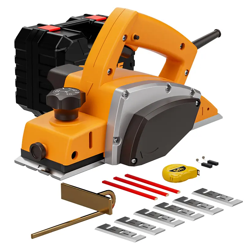Electric woodworking planer, used for wood planing, with adjustable planing thickness. Suitable for furniture creation, DIY handmade hobbies, and carpentry work.