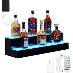 LED Lighted Liquor Bottle Display Shelf, 24 Inch 2 Step Led Bar Shelves for Liquor, Lighted Liquor Bottle Shelf with Mobile Phone Connectivity, Remote & App Control for Home Commercial Bar