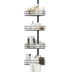 Corner Shower Caddy Tension Pole, 76"-110" Adjustable Bathroom Organizer Shelves, 4-Tier Bathroom Shelves with Built-In Towel Bars , Black