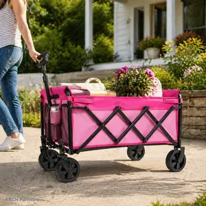 Foldable Shopping Cart - ARCH Steel Frame Collapsible Compact Utility Wagon, 360lbs Capacity, 360-Degree All-Terrain Wheels, Adjustable Handle, Cup Holders, Easy Setup Outdoor Furniture for Camping, Grocery (Pink),summervibes