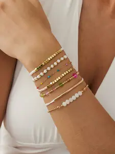 7-Piece Stackable Colorful Beaded Bracelet Set with Gold Accents | Boho-Chic Gift for Her, Daily & Vacation Looks, Stackable Bracelets