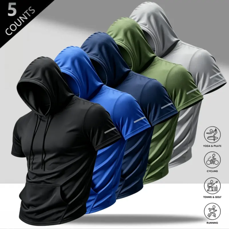 Men’s quick-dry short-sleeve hoodie — ice silk breathable tee with reflective stripes, kangaroo pocket, drawstring hood; American minimalist gym top for running, cycling, tennis, golf, yoga, and daily commuting