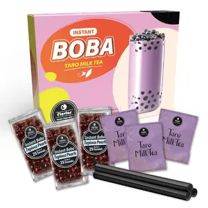 Flavfar Instant Boba Bubble Taro Milk Tea Kit with Tapioca Boba, 3 Servings, Ready in Just 25 Seconds, Microwave-Ready, Gift-Ready, Made in Taiwan - Smoothie