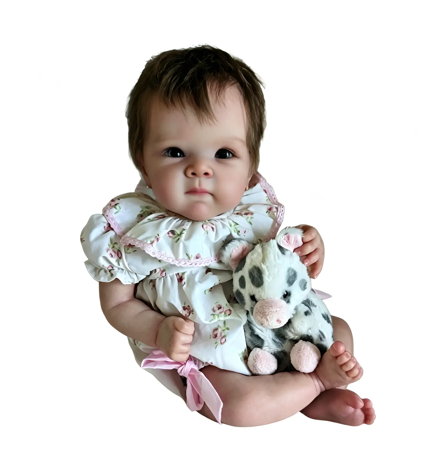 19-Inch Vinyl Reborn Baby Doll, Realistic Toddler Cow Plush Toy Doll in Floral Dress, Kids Play Collection & Birthday Gift for Ages 3+
