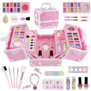 Makeup Set for Girls, Washable Cosmetic Toys, Portable Storage Box, Educational Role Play Cosmetics, Mirror, Lipstick, Eyeshadow, Nail Polish, Brush, Pretend Play Set