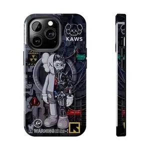 Black KAWS phone case, robot bear design, sturdy and durable, compatible with iPhone 17/16/15/14/13/12/11 and Samsung Galaxy S21-S25, a perfect gift for him/her.
