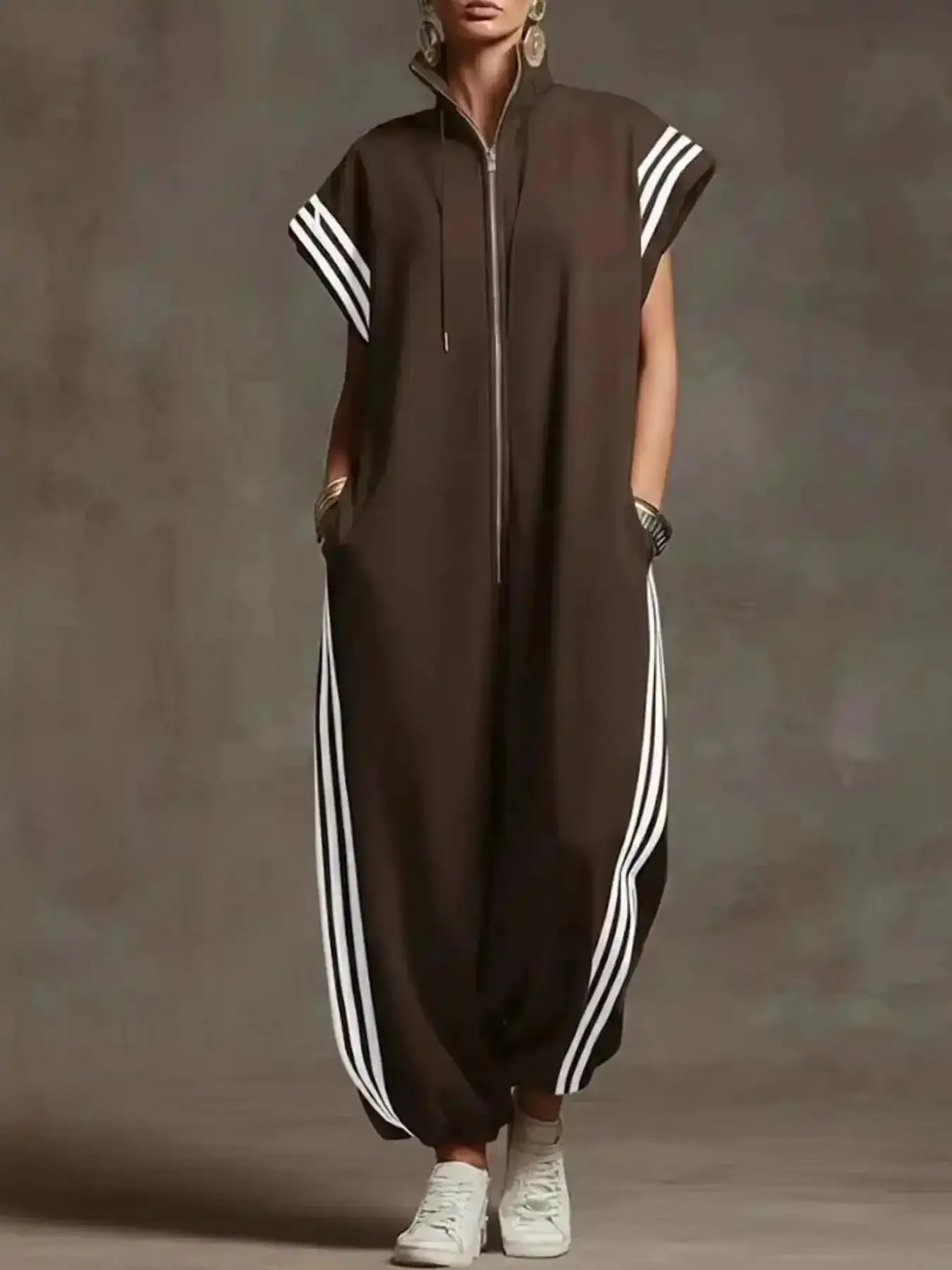 2026 Spring Summer New Zipper Stand Collar Pockets Striped Colorblock Casual Fashion Jumpsuit Loose-Fitting Drop Waist All Seasons versatile style classic staple seasonal musthave tropical look daily essential