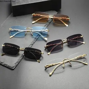 2026 New Trendy Women Men Metal Temple Eyewear Rectangle Frameless Glasses Retro Rimless Square Sunglasses Shades