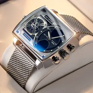 FEICE FK814 2026 New Square Starship Chronograph Digital Watch for Men, 37*48mm Large Stainless Steel Luminous Dial, Modern Waterproof Quartz Wristwatch, Trendy Multifunctional Casual Watch, Modern Waterproof Watch, Digital Watches