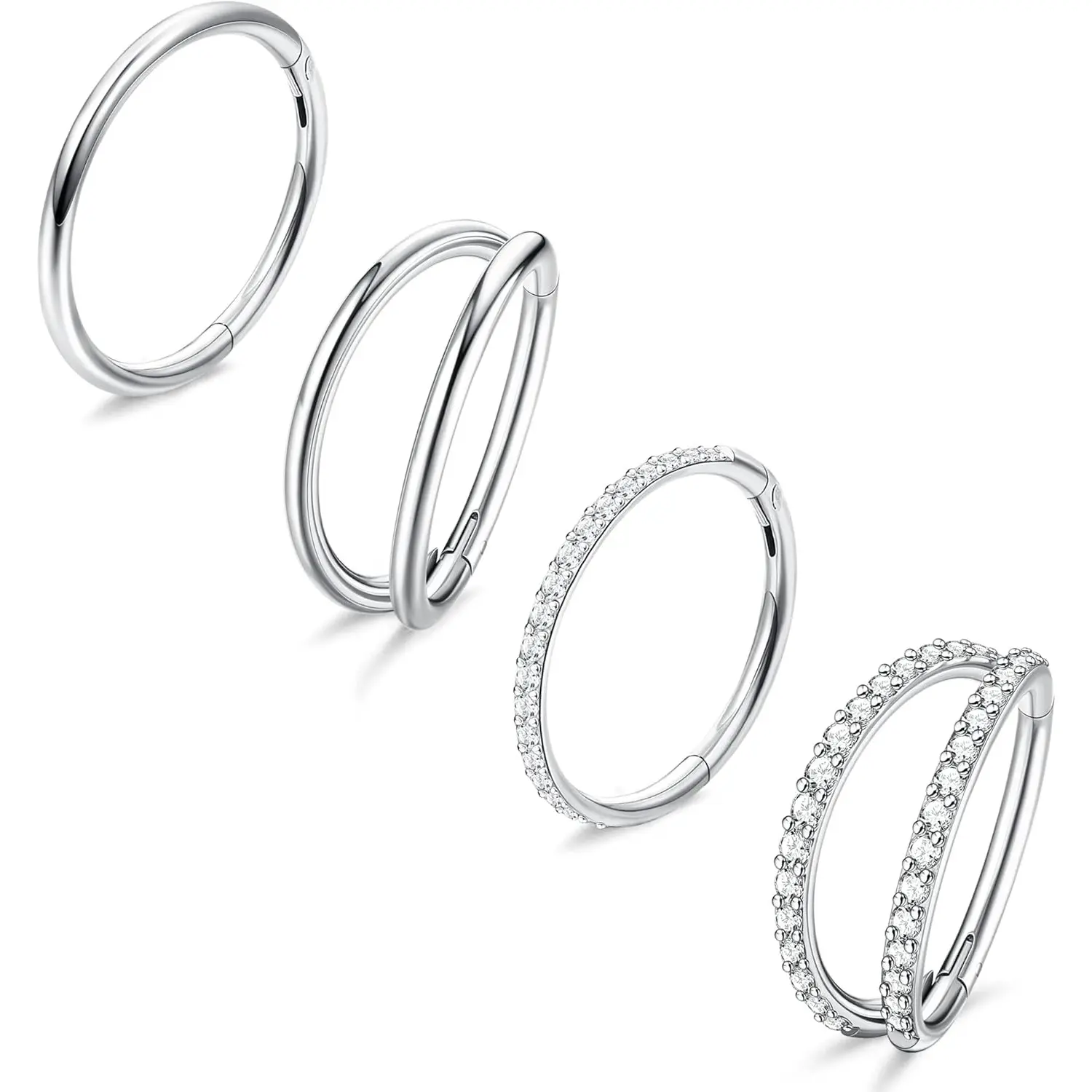 Milacolato 4PCS 18G Unisex Surgical Steel CZ Hinged Segment Geometric Double Nose Rings with Bling Effect, 8mm-10mm Clicker Hoops for Daily Wear - Tragus Septum Jewelry, Artificial Zircon, 2 Smooth + 2 Cz, Nose Piercing, Christmas, Casual, Nose Piercings