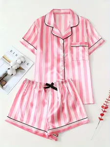 Summer Women's Elegant Striped Sleepwear Loungewear Set, Short Sleeve Button Neck Top and Pants, Soft Satin Pajamas Pjs, Outer Wear