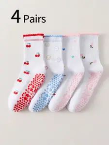4 Pairs Women's Yoga Socks, Non-Slip Pilates Socks, Grip Socks, Anti Slip Socks, Athletic Grip Socks, Indoor Sports Socks, Cute Cherry Heart Flower Print, Breathable Comfortable