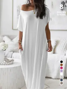 Women's Solid Color Casual Loose Batwing Sleeve Homewear Loungewear Dress, Comfortable Daily Wearing Nightdress, Versatile Ladies' Sleepwear for All Seasons Womenswear