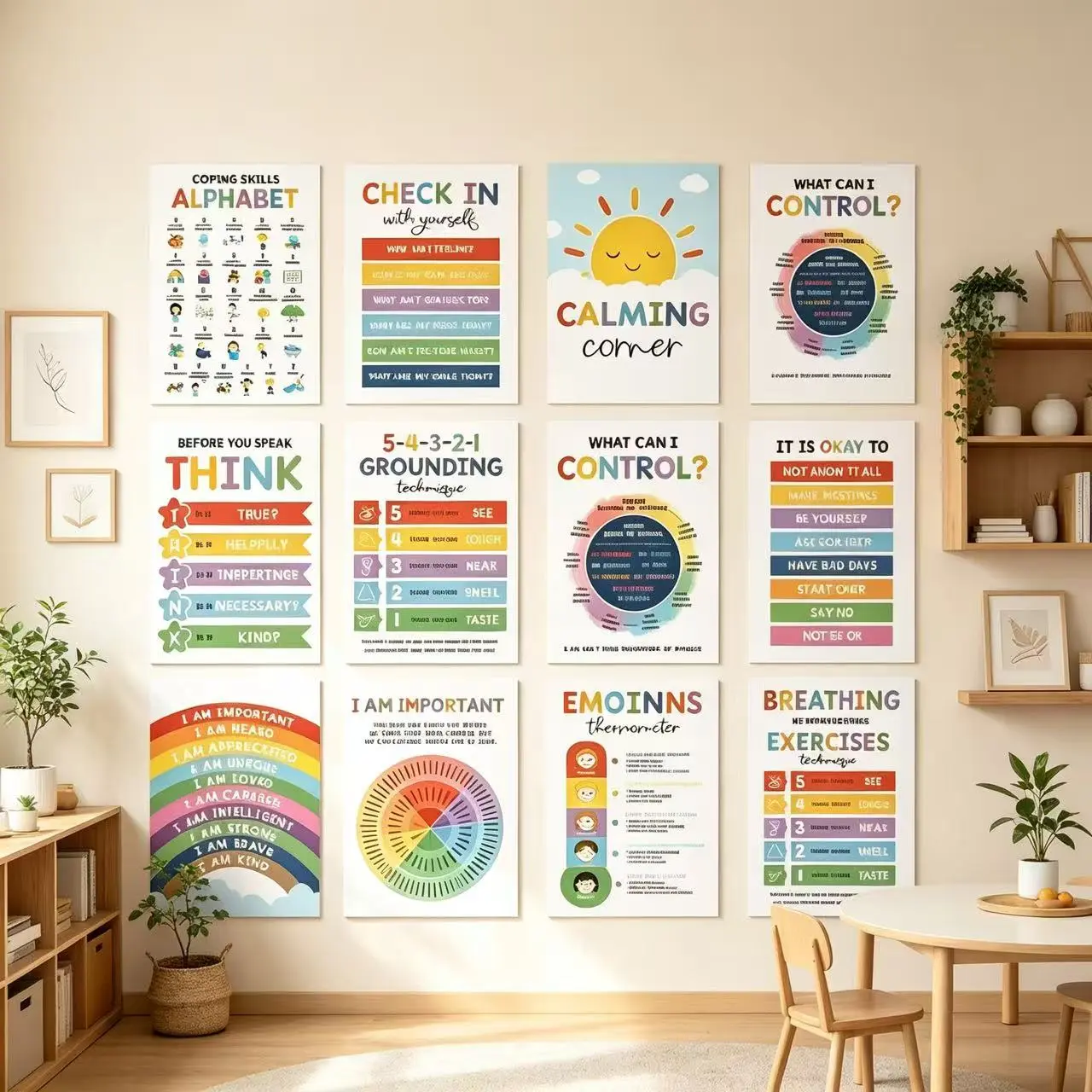 12Pcs Professional Social Emotional Learning (SEL) Posters Set - 14pt Cardstock, Matte Finish, 18x24 Inches Large Print, Feelings Wheel, Coping Skills, Breathing Exercises, Alphabet Visuals - Wall Decor for Teachers (Ages 4 to 11), Bedrooms