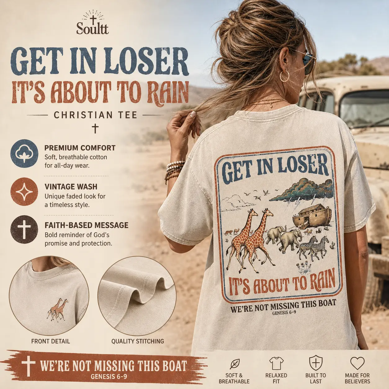 Women's Christian Short-Sleeve T-Shirt - "Get In Loser It's About to Rain" Noah's Ark Graphic, Breathable Cotton, Boxy Silhouette, Drop Shoulders, Oversized Vintage Fit, Casual Everyday Faith Tee