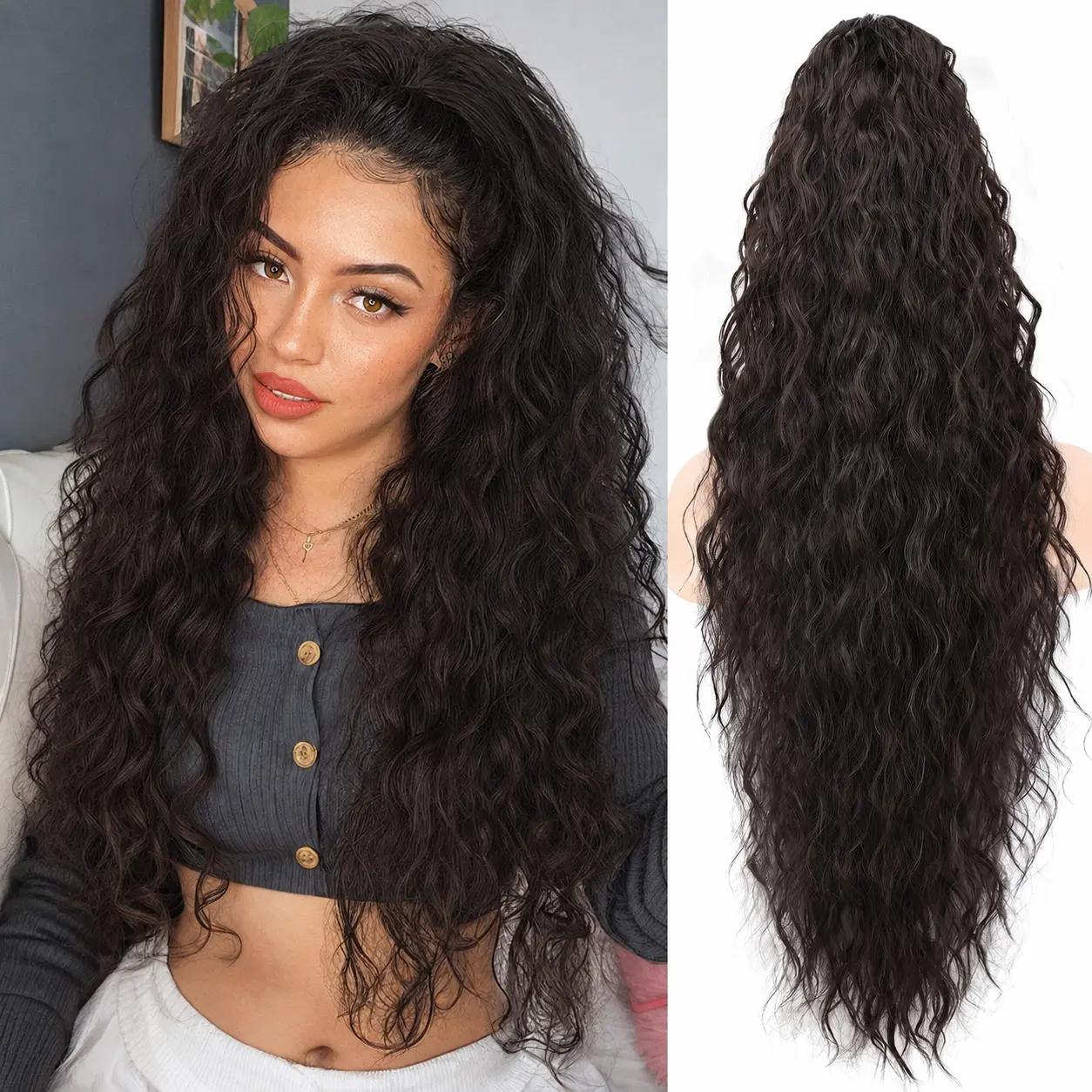 [ Kookastyle ] Claw Long Wavy Ponytail Extension Black Brown 30" Curly Pony Tail Clip in Hair Extensions for Women Fluffy Natural Looking Synthetic Hairpiece for Daily Use