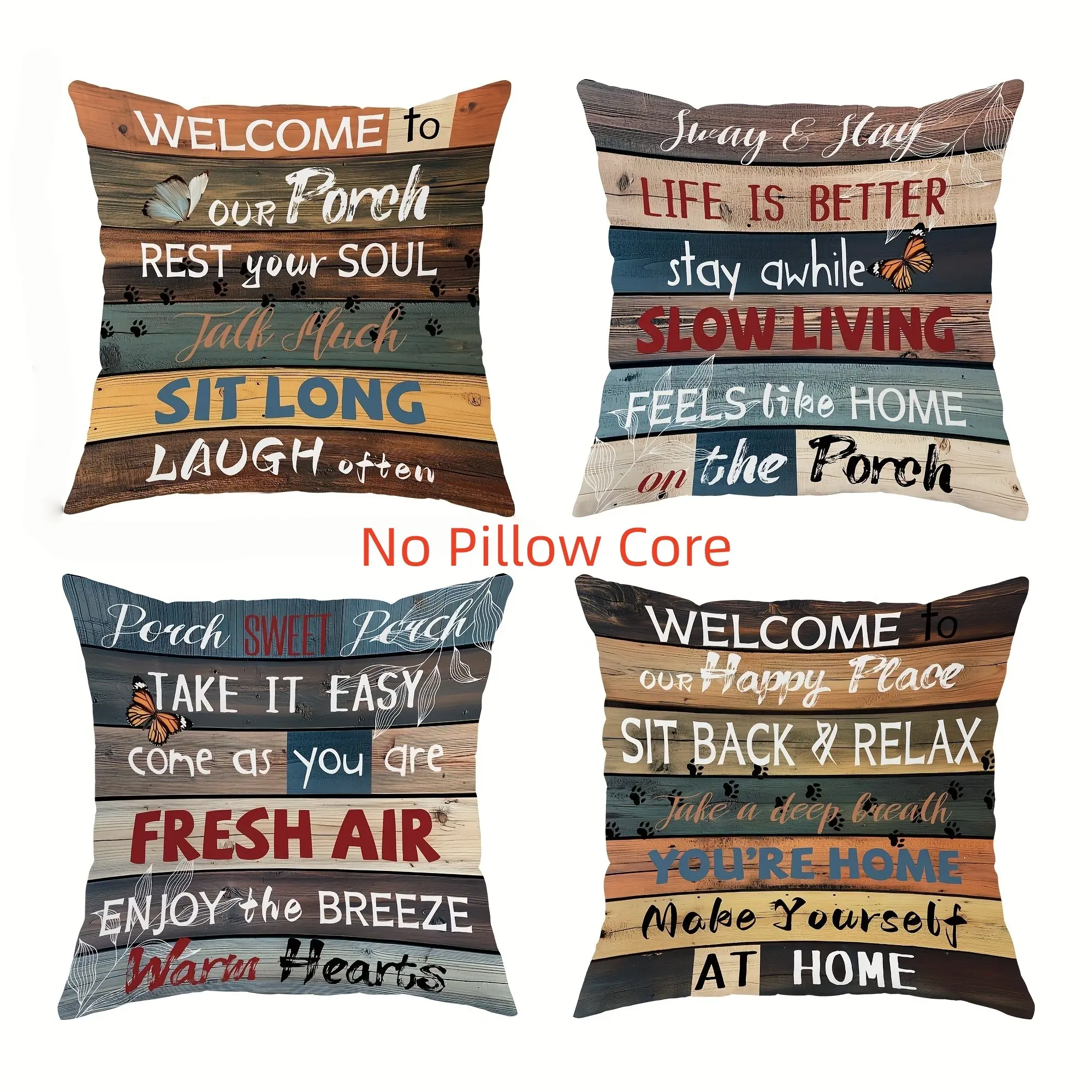 4pcs-Holiday Themed Throw Pillow Covers, Brown and Blue Text Design, Home Décor Products, Suitable Living Room, Bedroom, Sofa and Bed Decoration, 2D Flat, Single Sided Printing, No Pillow Core
