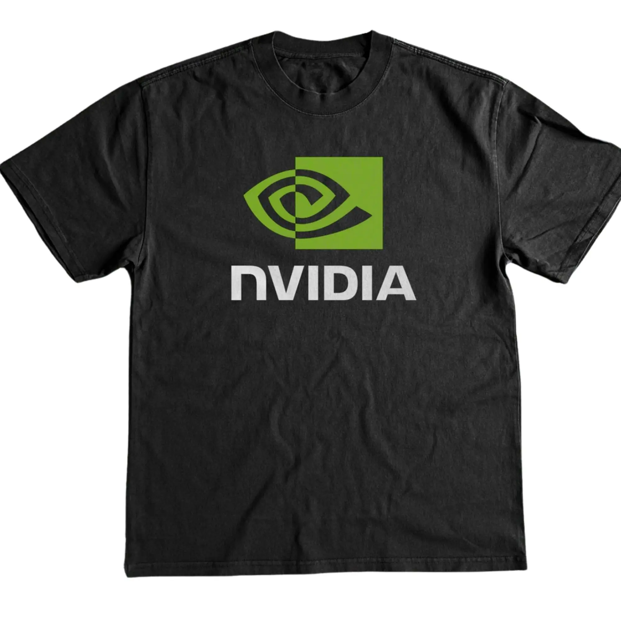 NVIDIA Corporate Tech Logo Graphic T-Shirt, Classic Minimalist Green Eye Geometric Vector Icon Graphic Print, Corporate IT Programmer Apparel, Unisex Black Heavyweight Streetwear Tee