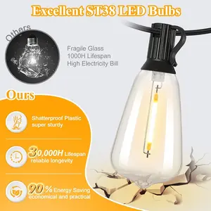 25FT outdoor light string 13 ST38 LED retro shape light bulbs (including 1 spare) plastic shell waterproof connectable dimmable, patio balcony decorative hanging lights, black