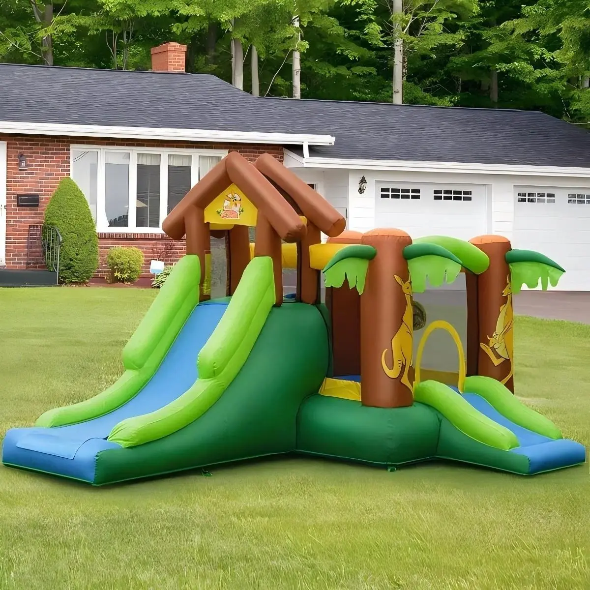 【Dealsforyou】Costzon Multi-Play Inflatable Bounce House Water Park Playground Equipment - Inflatable Water Slide, Climbing Wall, Large Ball Pit, Basketball Rim - Indoor Outdoor Party Gift for 5-12 Age Kids