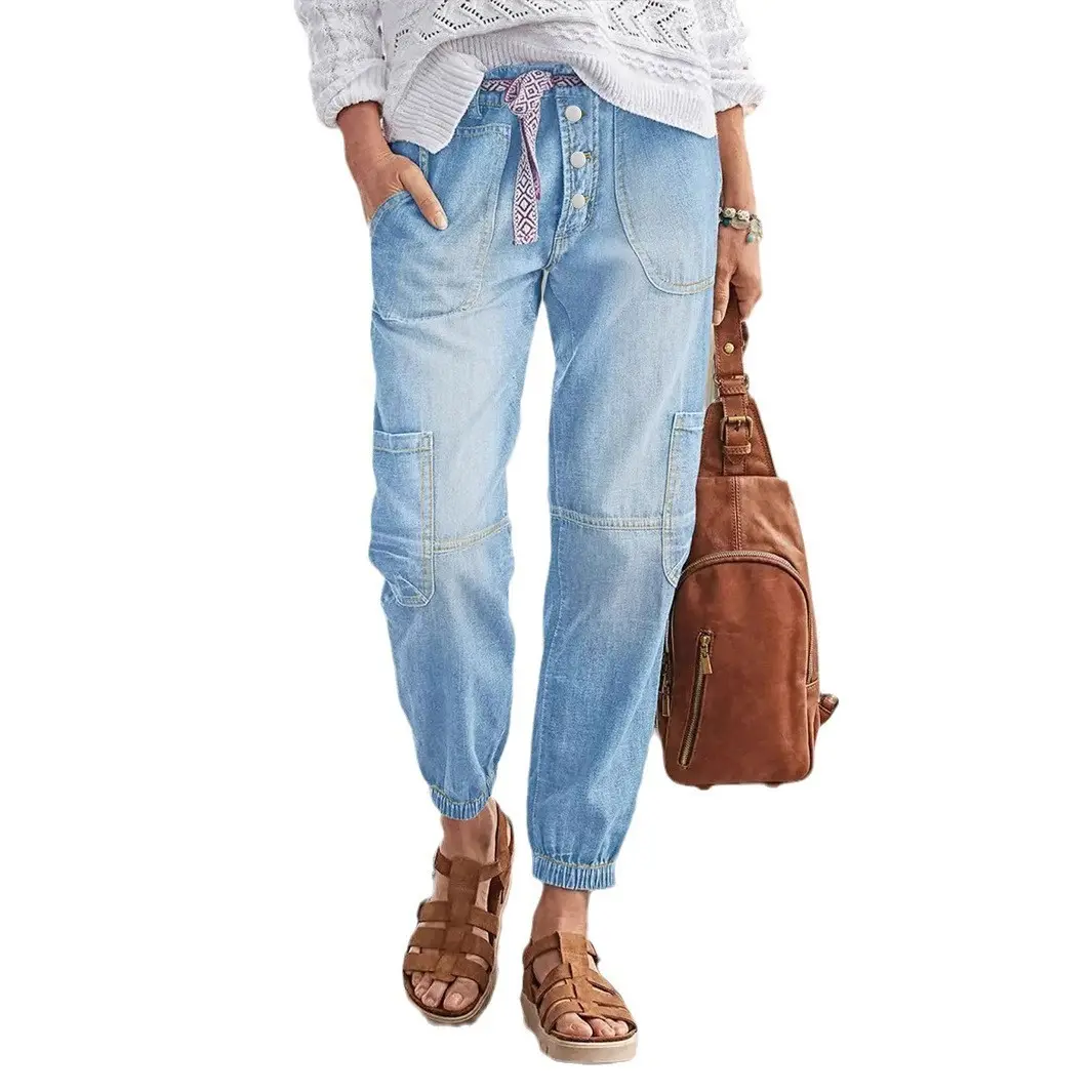 Women's Mid-Rise Cargo Jogger Jeans - Vintage Washed, Loose Fit, Multi-Pocket, Adjustable Drawstring, Basic Streetwear Denim Pants for Everyday Wear, Soft Fabric, Button, Fashion Apparel, Deep Pocket Jeans, Soft Denim Fabric, Cargo Pockets