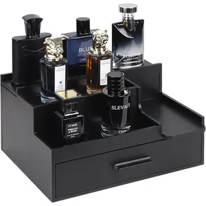 Men’s Cologne Organizer, 3-Tier Perfume Stand with Drawer & Hidden Compartment, Cologne Display Shelf for Dresser – Deep Brown, Gift for Man, Father or Husband