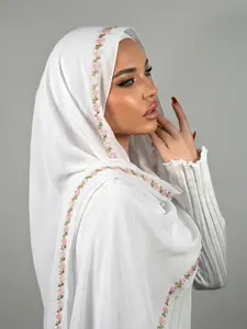 Women's Chiffon Floral Embroidery Hijab Scarf, Elegant Long Shawl for Muslim Fashion Daily Wear, Breathable Beach Sun Protection