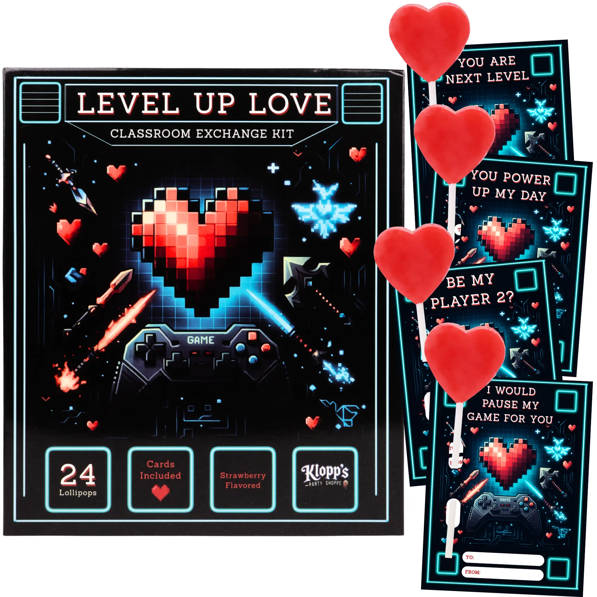 Gamer Themed Valentine's Classroom Exchange Kit, Individually Wrapped Heart Lollipops, 24 Suckers and Cards Inside