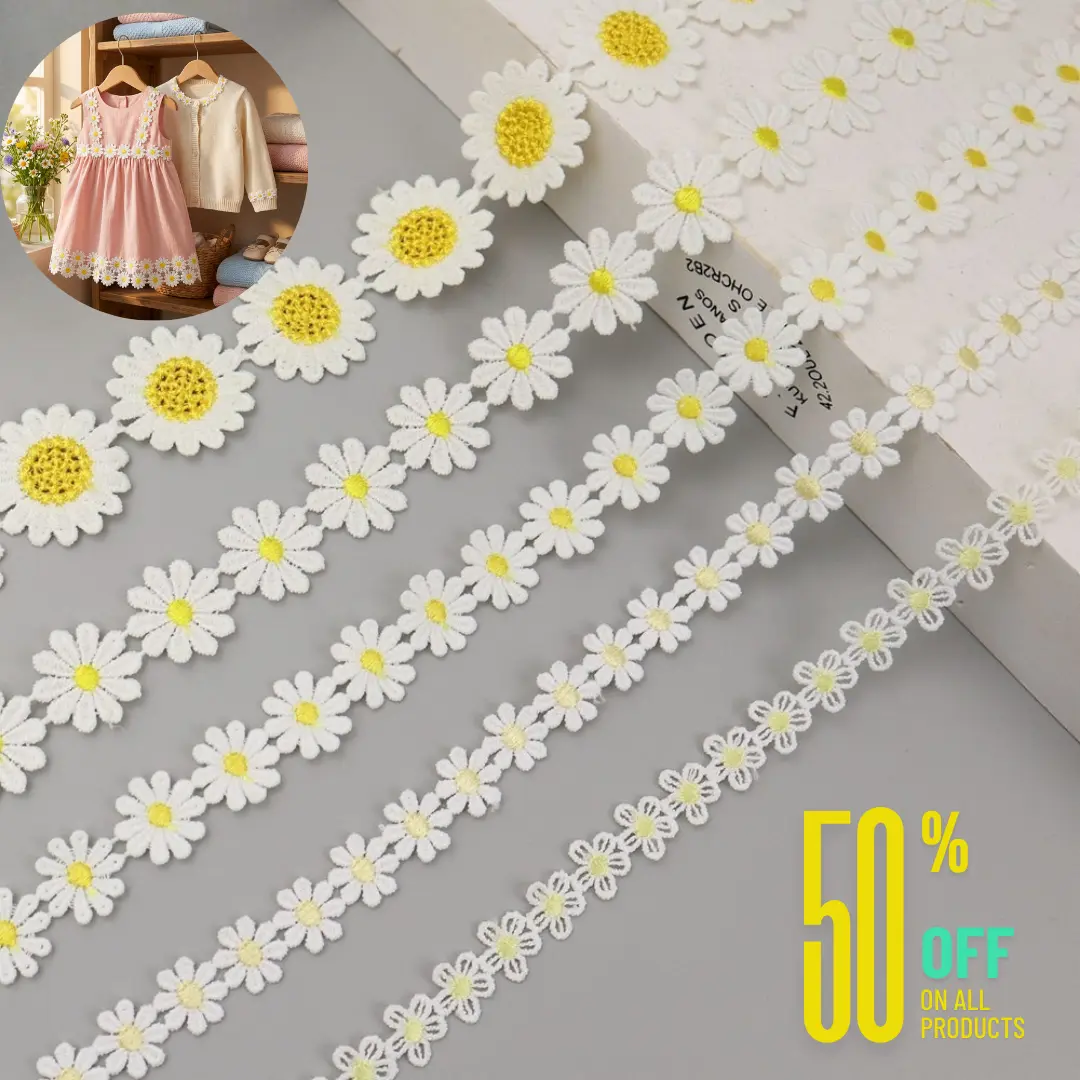 IDONGCAI Daisy Floral Lace Trim Embroidered Ribbon - 2.5cm Wide, 5Yards Yellow Sewing Supply Fabric for DIY Projects, Crafting