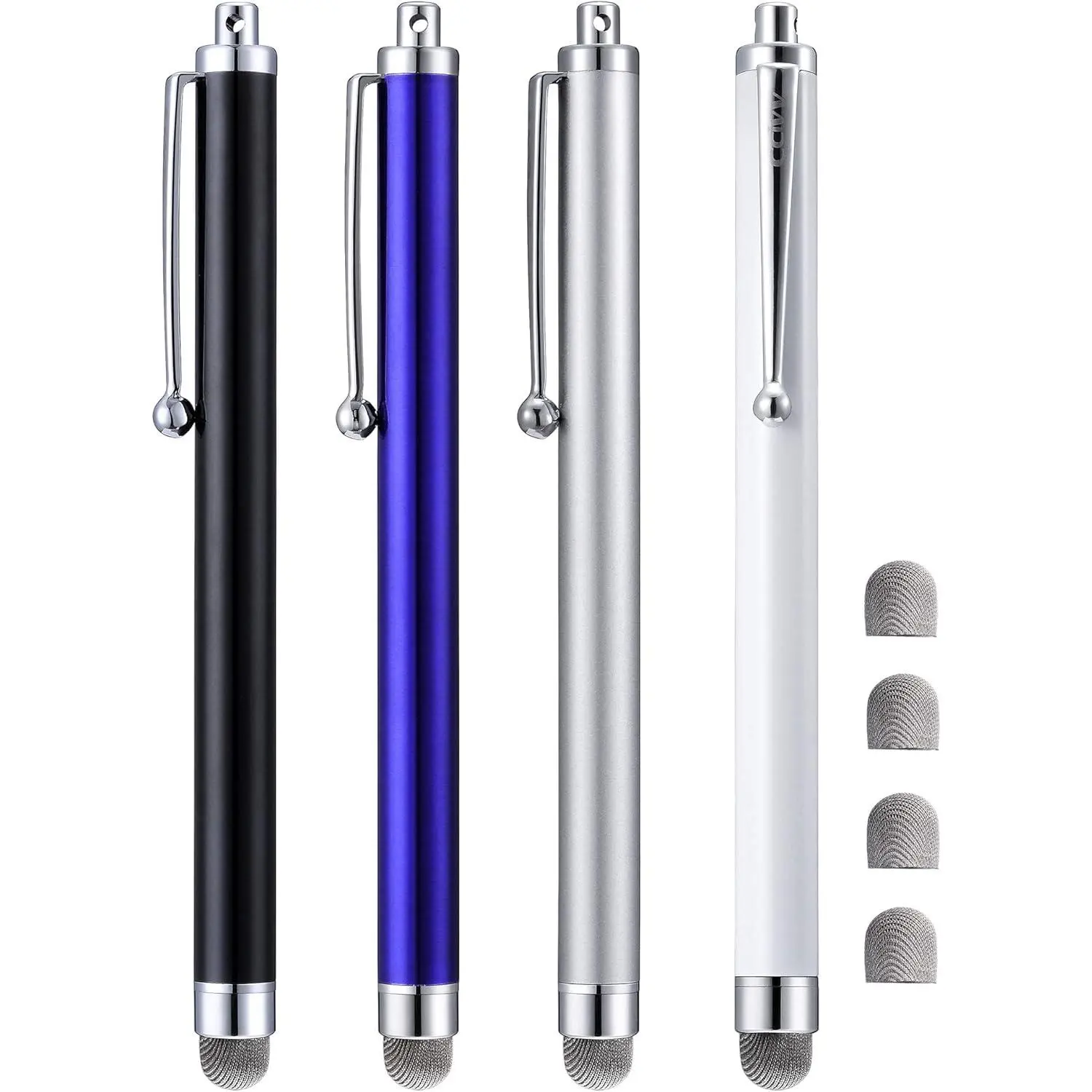 5.0 Inches-4pcs Digital Mobile Stylus Pens, Stainless Steel Mesh Fiber Tip Touch Screen Pens Compatible with iPad, Kindle Fire, 4 Extra Replaceable Hybrid Fiber Tips (White, Black, Blue)