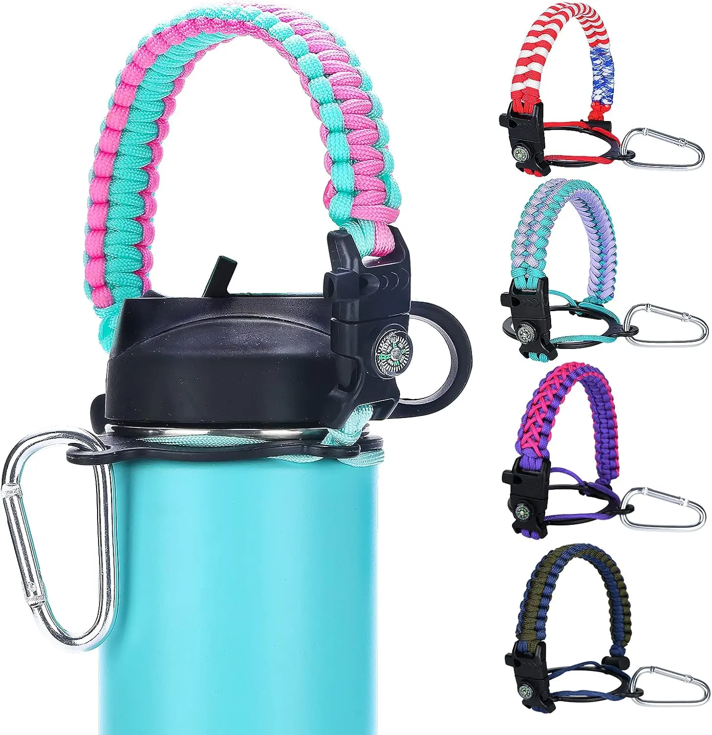 Stylish Braided Cord Paracord Handle Strap - Fits 12oz-64oz Wide Mouth Bottles/Flasks - Multicolor Straps Durable Hydro Carrier with Safety Ring, Compass, Carabiner for Outdoor Hiking (Gradient Blue, Practical Tool)