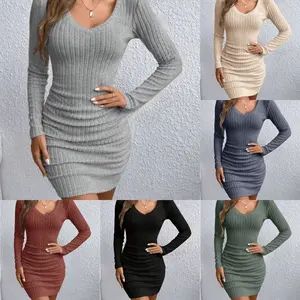 Women's Ribbed Knit Long Sleeve V-Neck Ruched Bodycon Mini Dress |Party Dress
