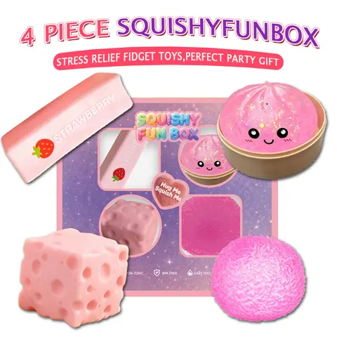 Summerwins 4-Pack Pink Soft Silicone Stress Squishy Squish Ball Fidgets for Anxiety - Slow+Fast Mix Rebounds, Mixed Shapes, Unisex Kids Party Rewards, Christmas Thanksgiving Gifts