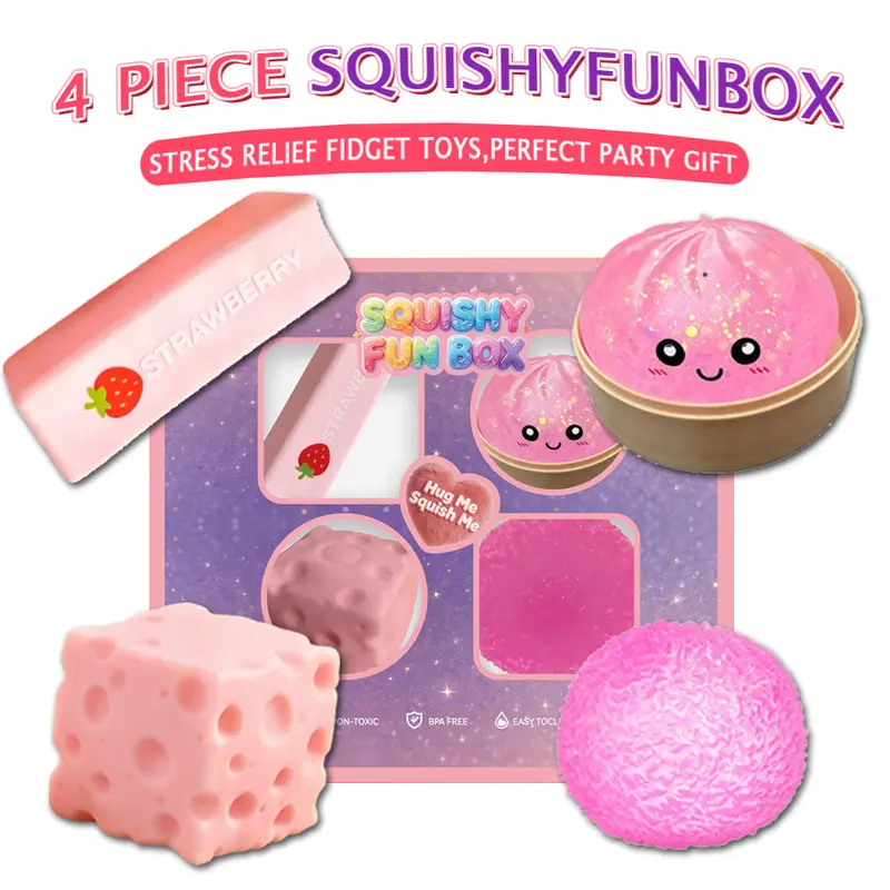 Summerwins 4-Pack Pink Soft Silicone Stress Squishy Squish Ball Fidgets for Anxiety - Slow+Fast Mix Rebounds, Mixed Shapes, Unisex Kids Party Rewards, Christmas Thanksgiving Gifts