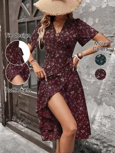 Women's Summer Floral Print Wrap Dress, Side Tie Design, Ruffle Hem, Fitted Midi Dress, Boho Style, Casual Wear, Short Sleeve, Ditsy Floral Pattern