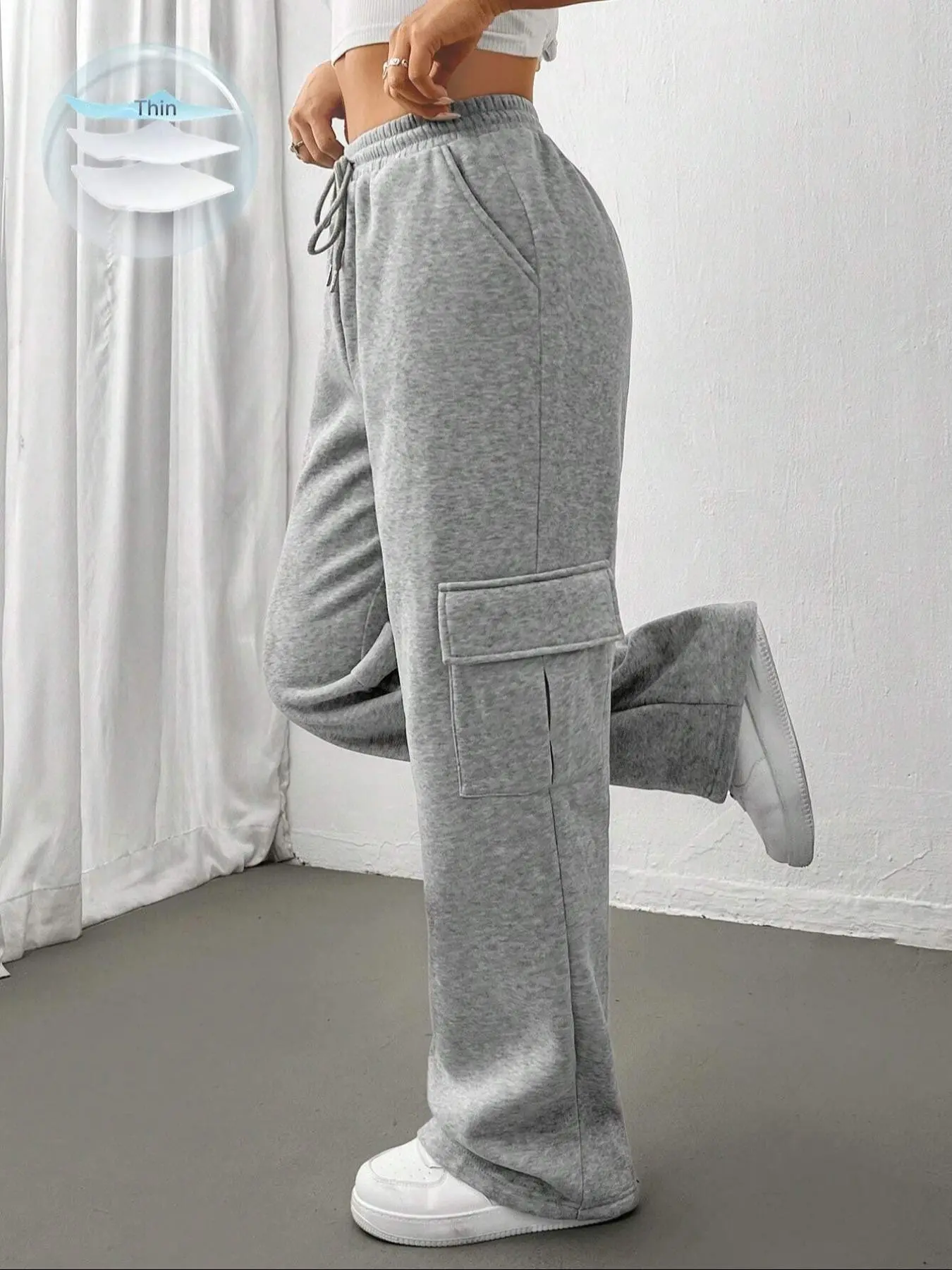 TikTok Women's Lightweight Cargo Sweatpants, High Waisted Pants High Waist Drawstring Elastic Waist Breathable Soft Fabric Wide Leg with Functional Utility Pockets Athleisure, Casual Summer, Everyday Lounge Outdoor