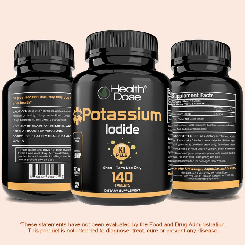 Health Dose Potassium Iodide (KI) 130mg Gluten-Free Capsules - 140 Count Bottle for Adults, Radiation Protection, Thyroid Support - 10-Year Shelf Life Dietary Mineral Supplement