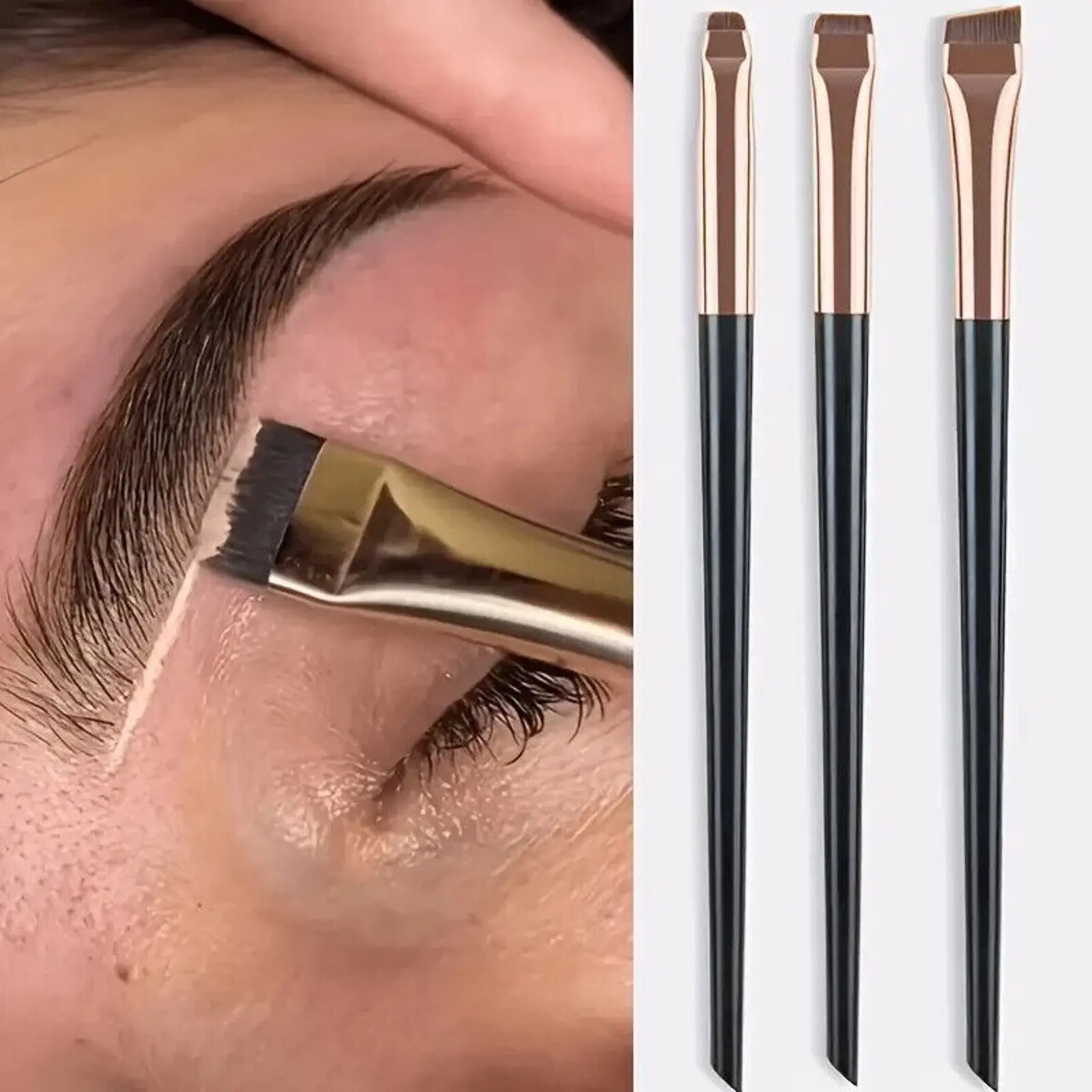 Eyebrow Brush Set - 3 Pcs Angled Precision Eyeliner Makeup Brushes - Brow & Lip Mapping - Concealer Flat Brush - Powder, Cream, Pomade, Paste.