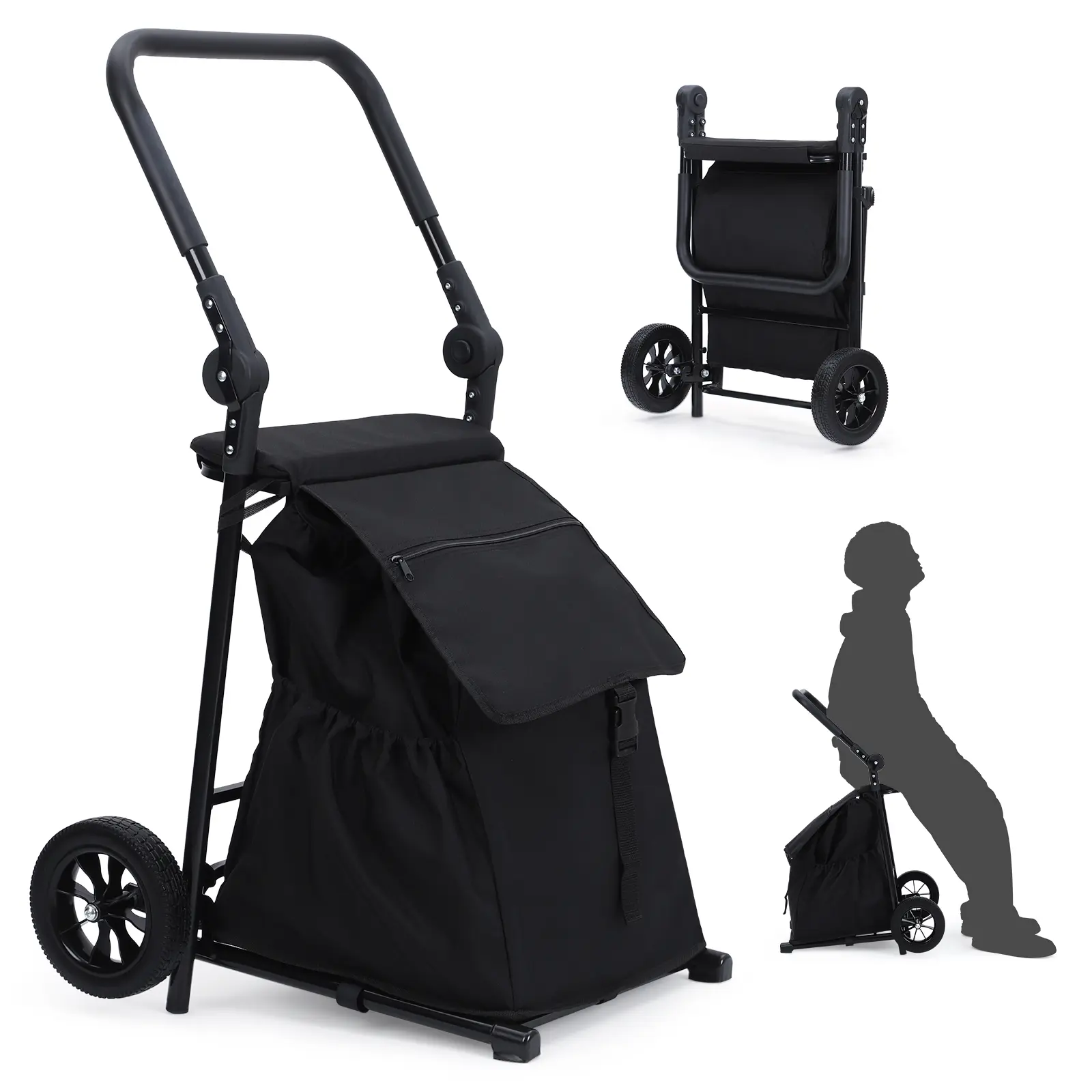 2 In 1 Foldable Grocery Cart, Heavy Duty Collapsible Shopping Cart with a Removable Waterproof Bag, Thick Seat Cushion, Folding Hand Truck Utility Cart, Black, Foldable Utility Cart, Drawstring Closure
