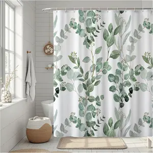 Green Eucalyptus Shower Curtain, Watercolor Floral Pattern with Plant Leaves, Waterproof Polyester Fabric Shower Curtains Sets with Hooks for Bathroom