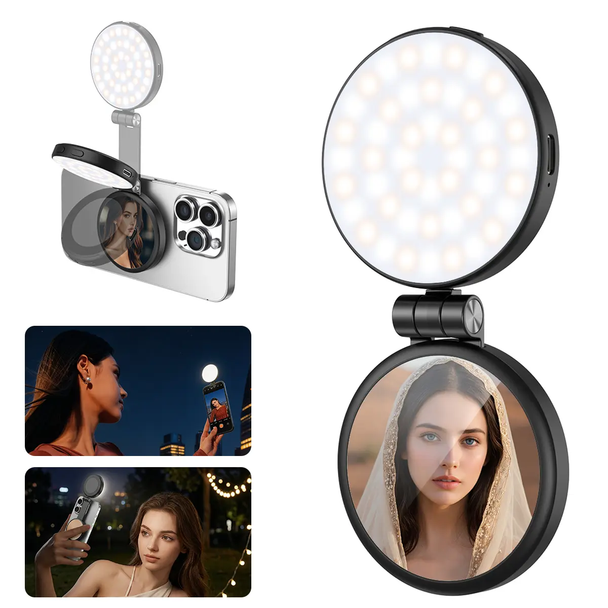 2026 New 3 in 1 Three-level brightness adjustable magnetic circular LED selfie fill light, rechargeable, foldable, with phone holder and mirror, compatible with various mobile phones, suitable for Vlog / live streaming fill light.