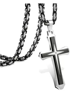 Black 14K gold plated   for Men Stainless Steel Cuban Link Chain With Fashion Cross Pendant Necklace   22-30Inch