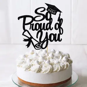 1Pc So Proud of You Cake Topper with Gold Glitter Bamboo Diploma Graduation Cap Cake Pick for Graduation Theme High school and University Party Supplies Cake Decoration